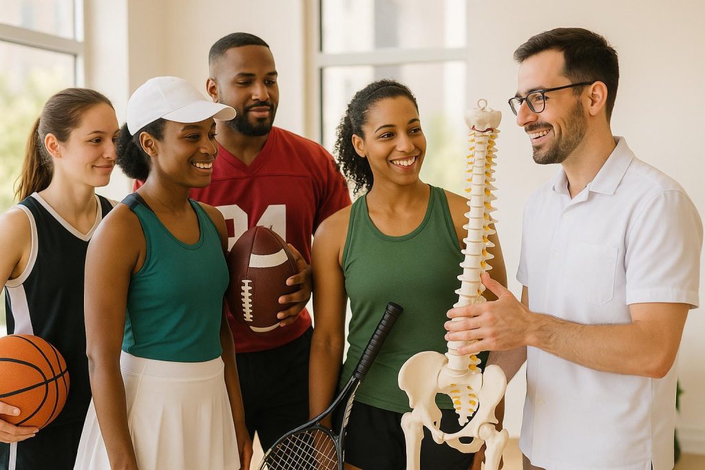 Diverse athletes receiving specialized sports chiropractic therapy in a modern clinic.
