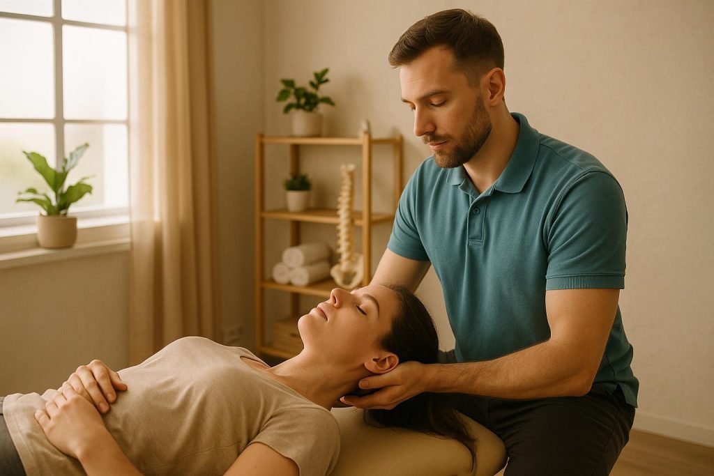 Chiropractor providing a safe chiropractic neck adjustment in a calm setting.