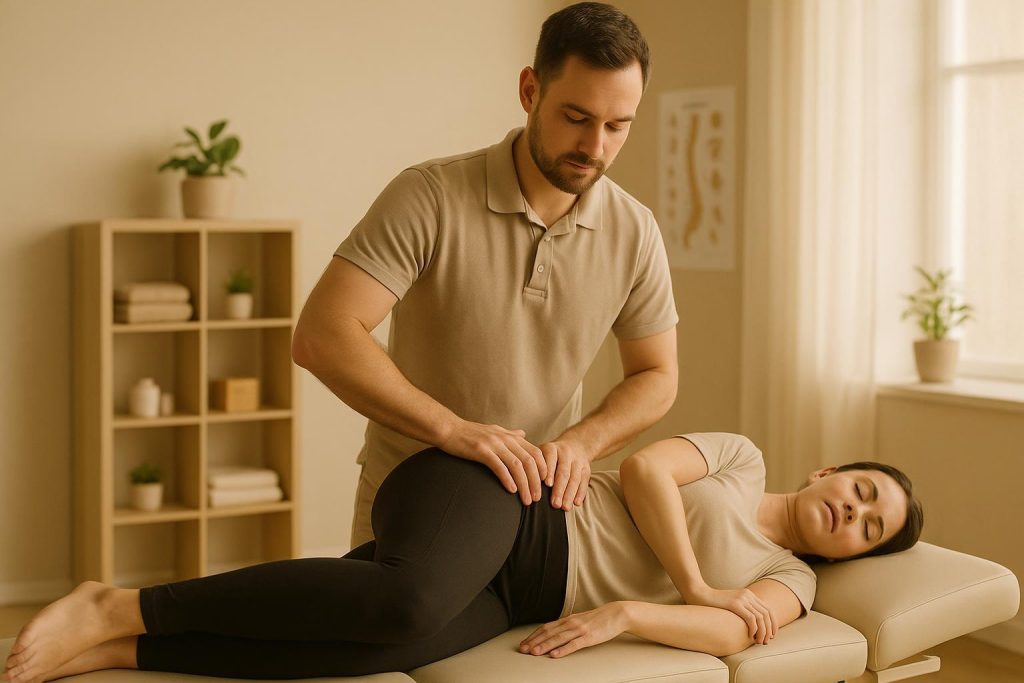 Chiropractor offering a gentle hip adjustment to relieve pain in a bright, welcoming clinic.