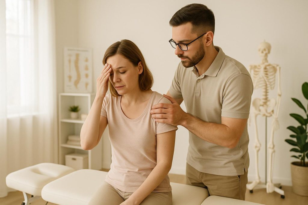 Patient with vertigo receiving gentle chiropractic care in a modern clinic.