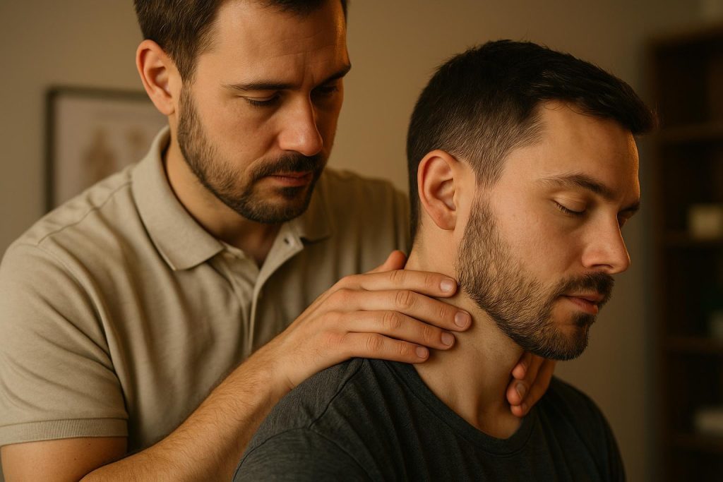 Chiropractor gently assessing a patient’s neck for whiplash relief.