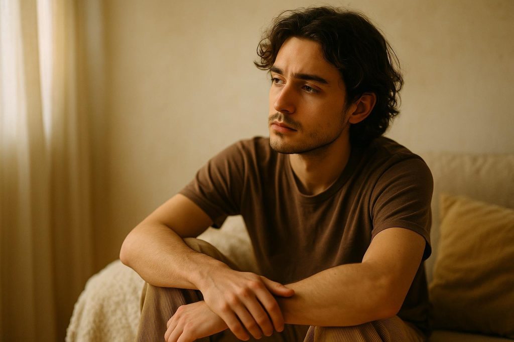 A thoughtful person reflecting quietly, illustrating how a concussion can affect mental health.