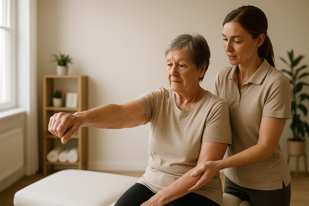 Physiotherapist helping an older adult manage arthritis pain in a modern clinic.