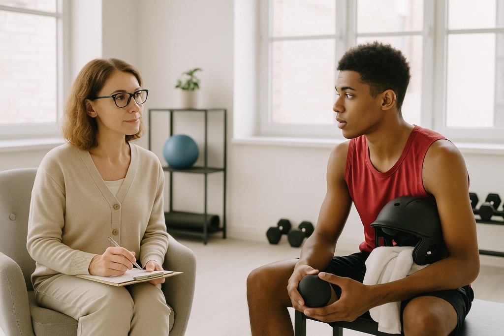 A young athlete discussing Performance Anxiety Reduction Therapy with a therapist in a bright, modern gym.