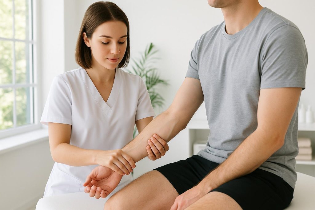 Therapist massaging a client's forearm to help relieve tennis elbow discomfort.