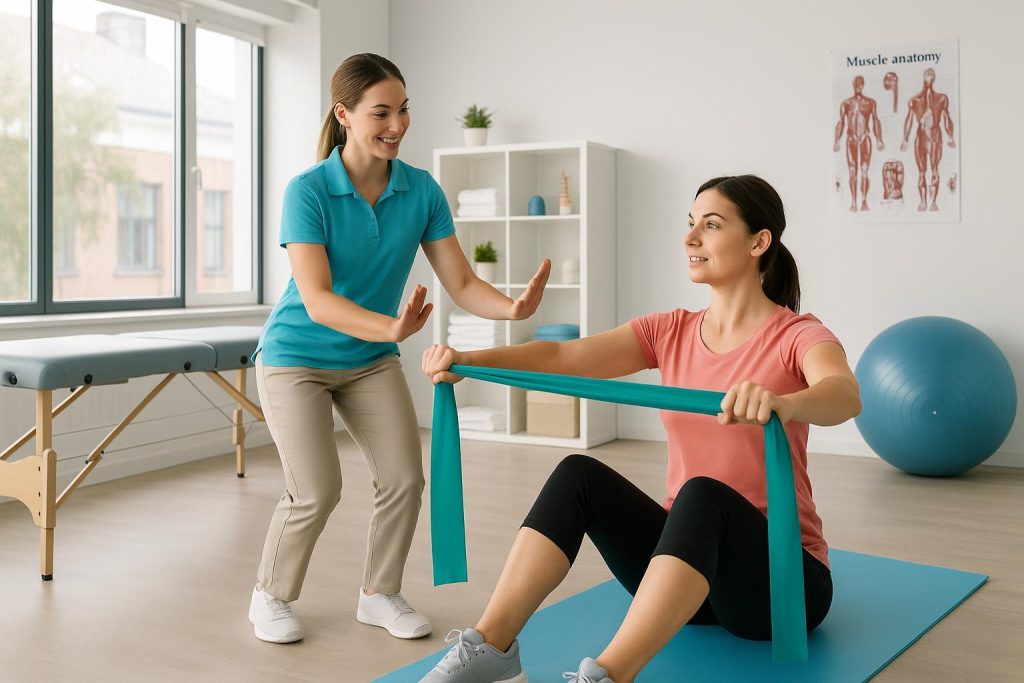 Physiotherapist guiding patient exercise in a modern clinic setting.