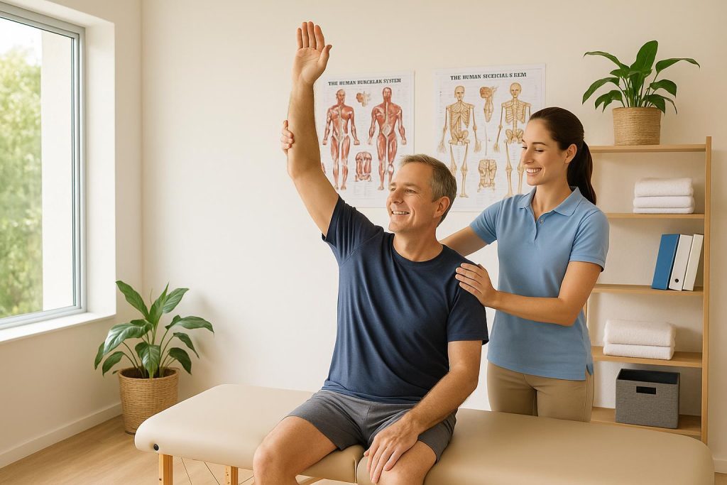 Adult receiving physical therapy in a bright, modern clinic setting.
