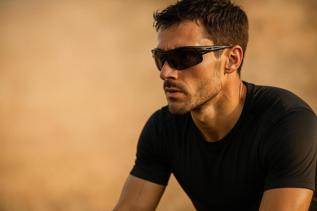 Focused athlete in corrective eyewear supporting improved sports vision training.