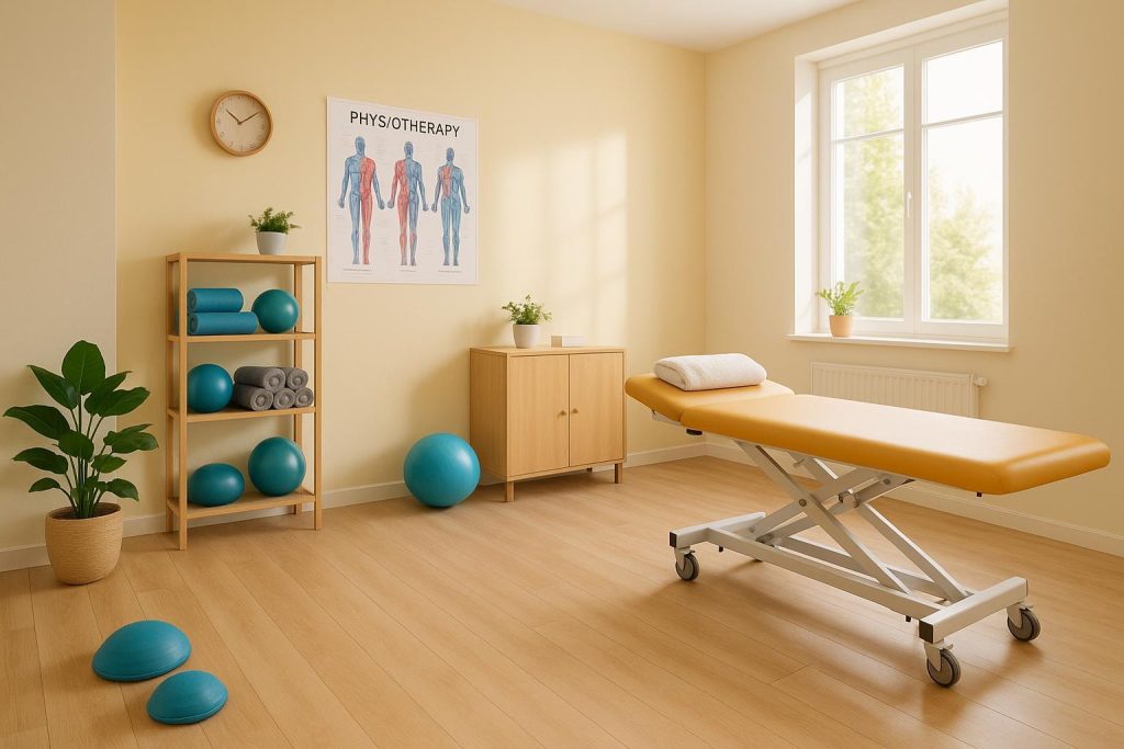 Bright physiotherapy clinic interior focusing on post-surgery recovery.