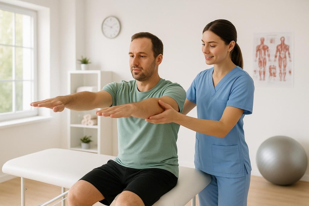 Physiotherapist helping a patient in a modern physiotherapy clinic.
