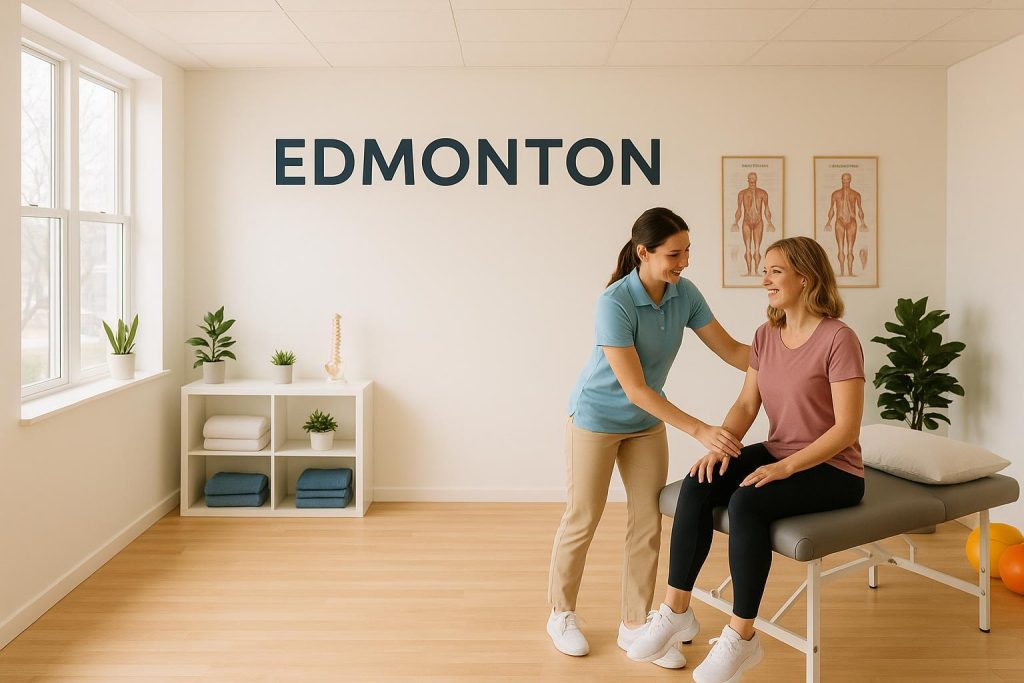 Patient receiving physiotherapy in a bright Edmonton clinic.