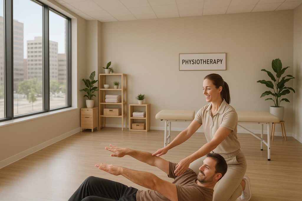 A patient receiving physiotherapy in Edmonton at a modern clinic near downtown.