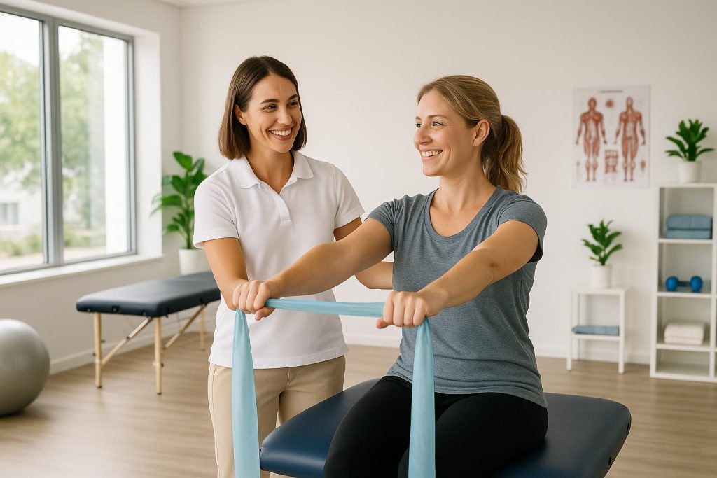 A patient and therapist at a physiotherapy clinic practicing exercises to prevent future injuries