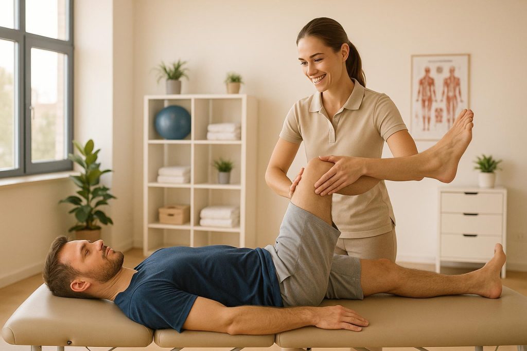 Physiotherapist assisting a patient in an airy Edmonton clinic offering direct billing.