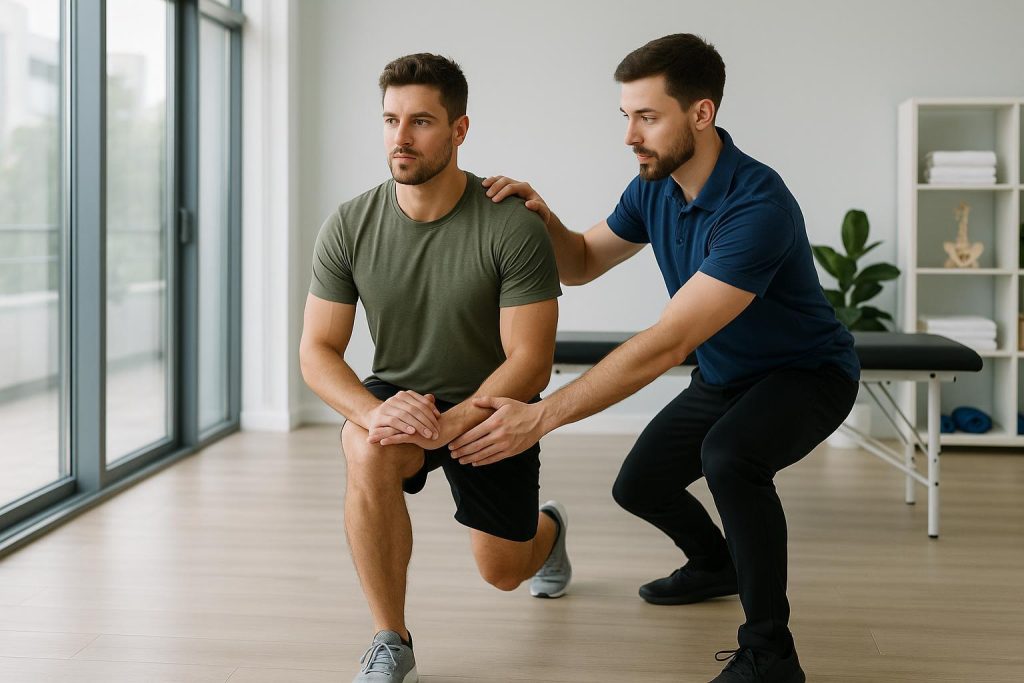 Sports physiotherapist and athlete in a modern clinic for physiotherapy in Edmonton.