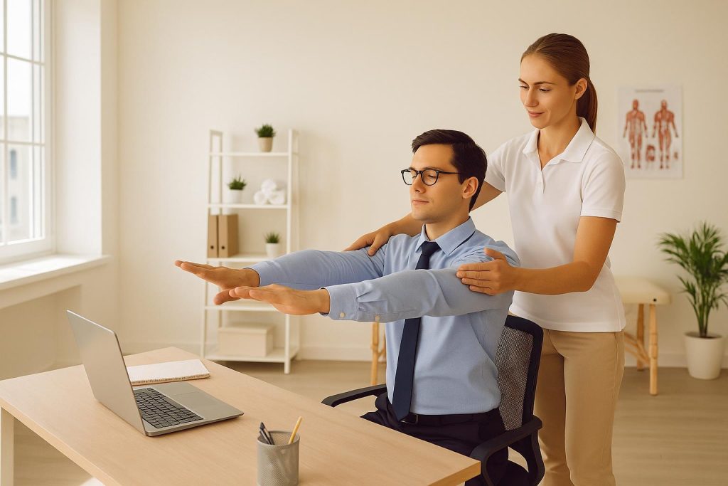 Office worker doing desk exercises with a physiotherapist, representing physiotherapy in Edmonton.