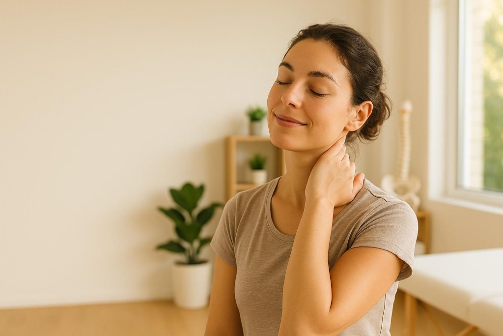 A woman massaging her neck, illustrating how a physiotherapy clinic helps tension headaches.