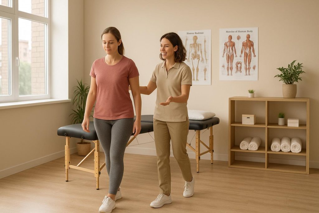 Physiotherapist guiding a patient in a bright, welcoming clinic for physiotherapy in Edmonton.