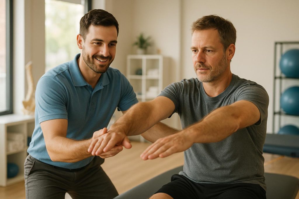 Physiotherapy in Edmonton session with practitioner guiding patient through a therapeutic exercise.