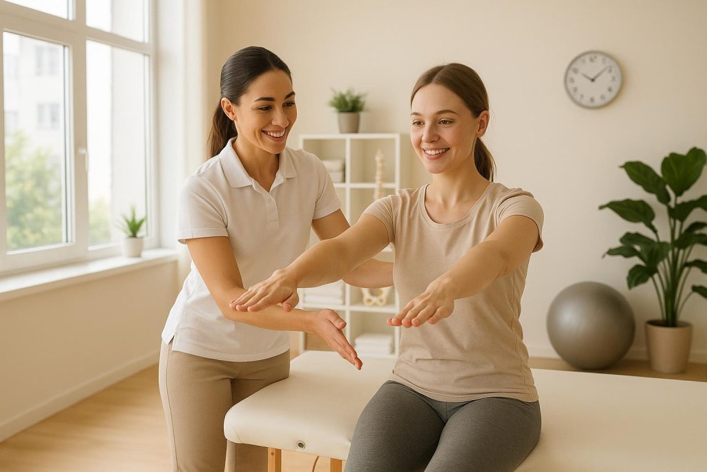 Physiotherapy Edmonton session with a professional guiding patient in modern clinic.