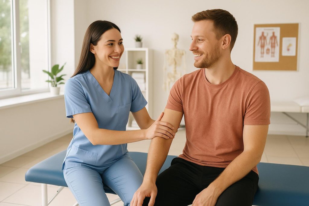 Friendly physiotherapist aiding a patient in a physiotherapy clinic setting.