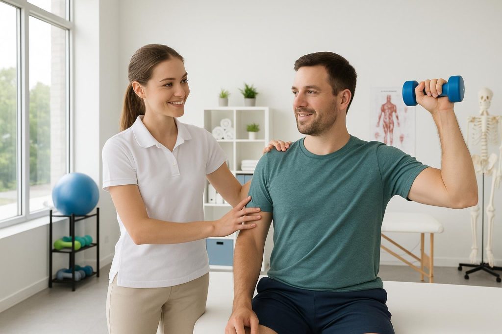 Physiotherapist guides patient in a bright physiotherapy clinic.