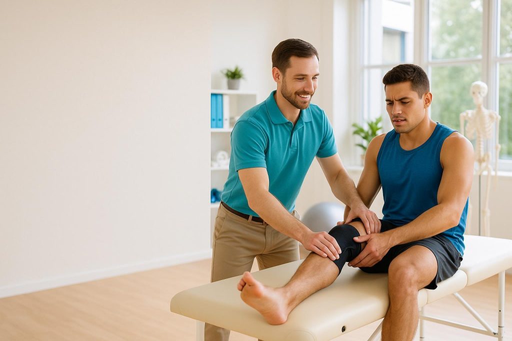 A physiotherapy clinic setting with a therapist helping an athlete recover from sports injuries.