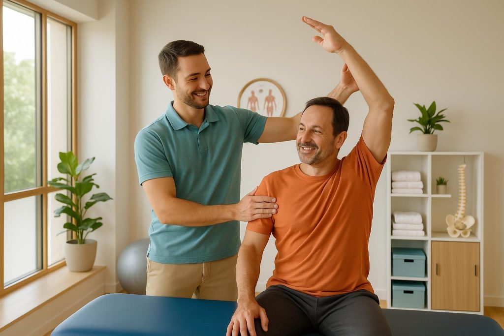 Physiotherapist assisting a client with exercises to improve physical function and performance