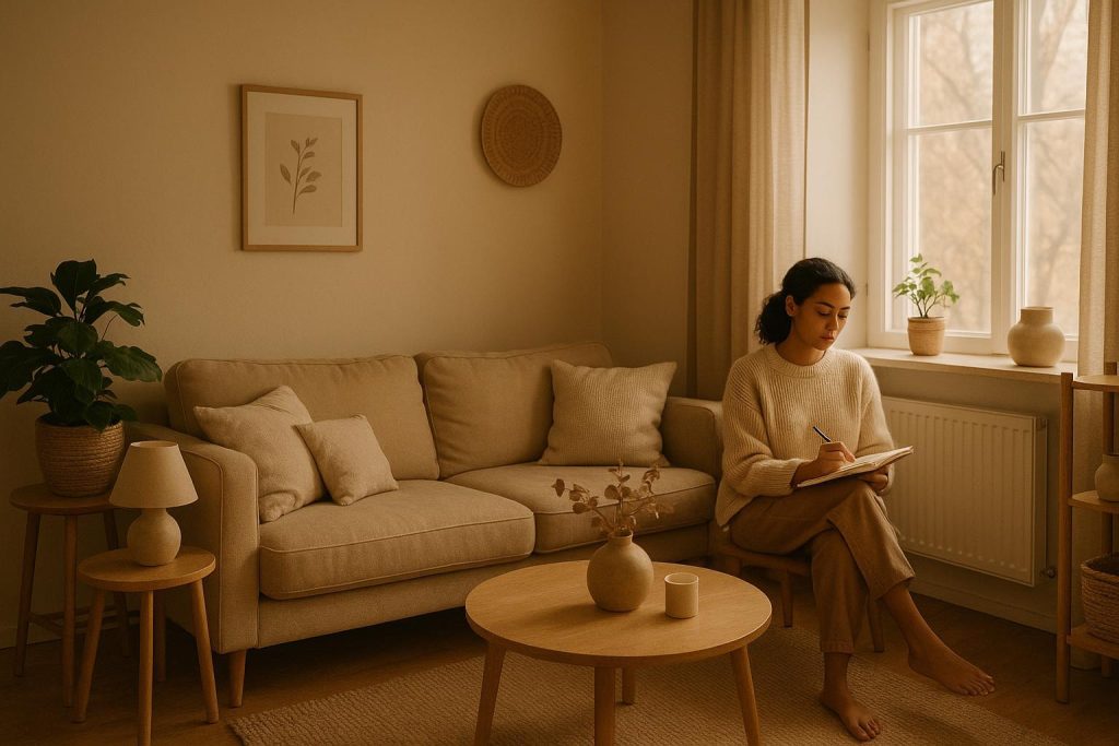 Individual journaling in a softly lit room, managing Bipolar Disorder.
