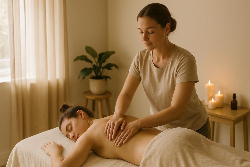 Therapist’s hands providing a gentle back massage, illustrating how massage supports muscle recovery.