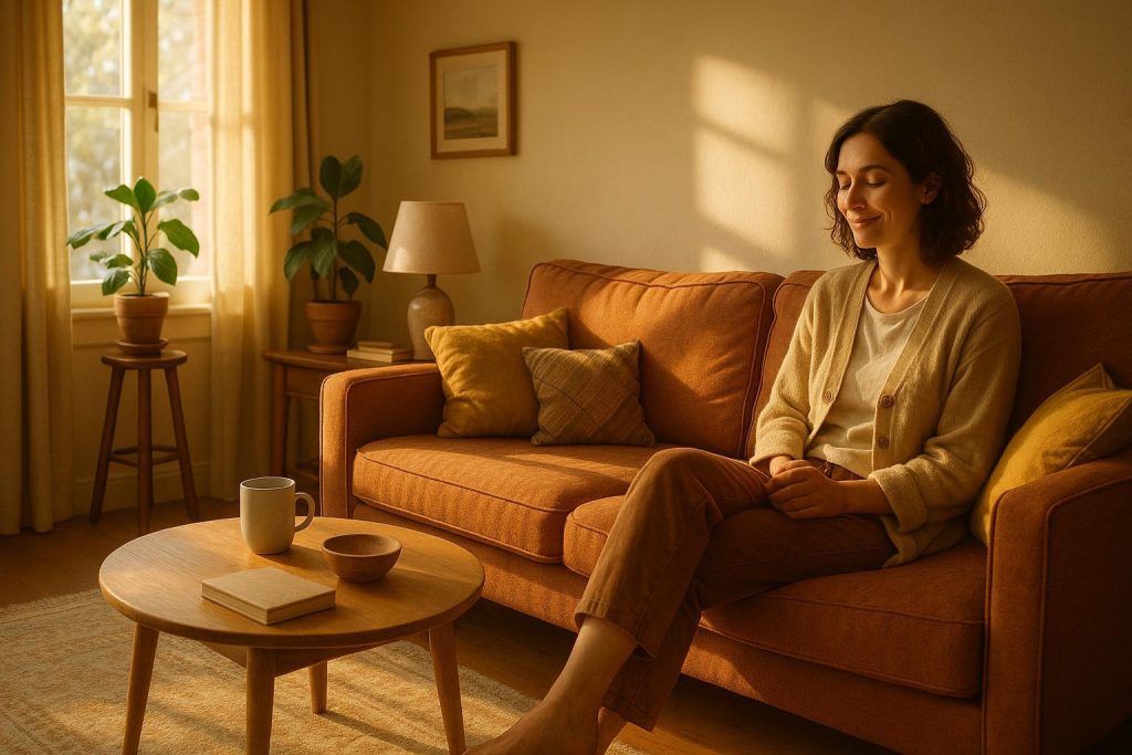 Person in a warm, well-lit space reflecting on their mindset and Positive Psychology.