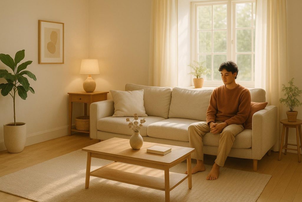 Serene individual reflecting quietly to break the anxiety cycle.