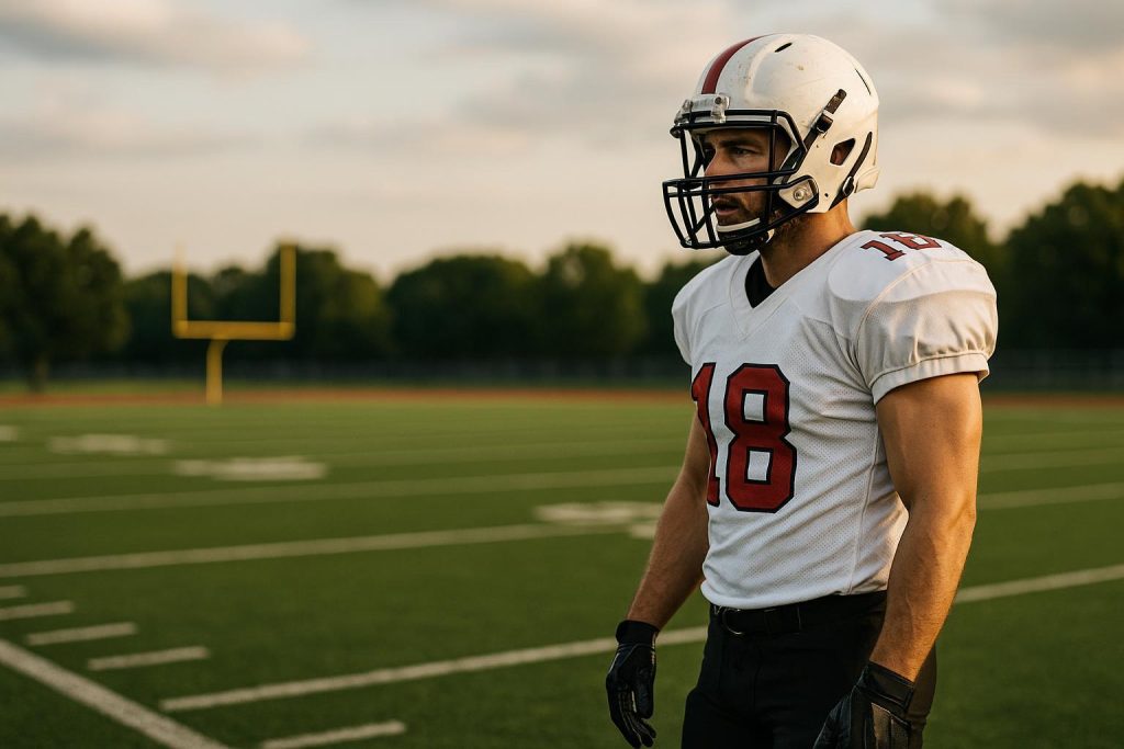 An athlete wearing protective gear, possibly preparing for contact sports after a concussion.