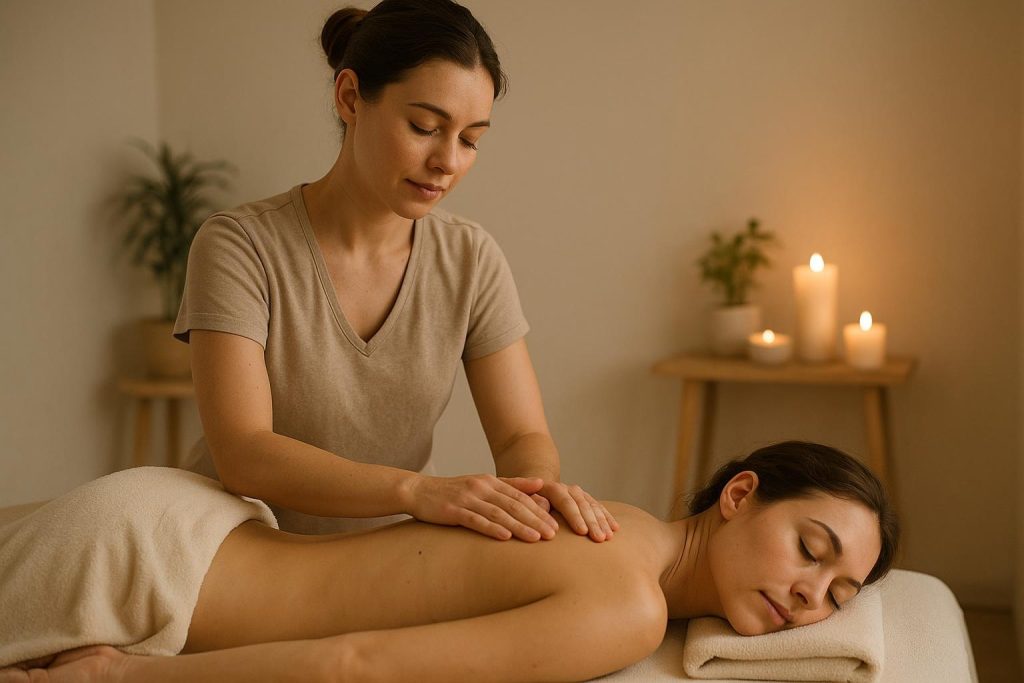 A therapist applying gentle pressure to a client's back, illustrating massage therapy.