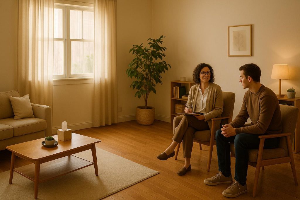 Cozy therapy room with a relaxed client and attentive counselor, illustrating counselling benefits.