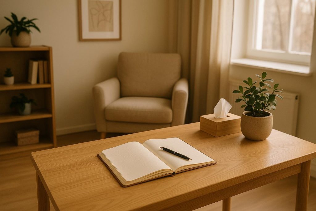 Therapist's notes on a desk in a calm, well-lit therapy room.