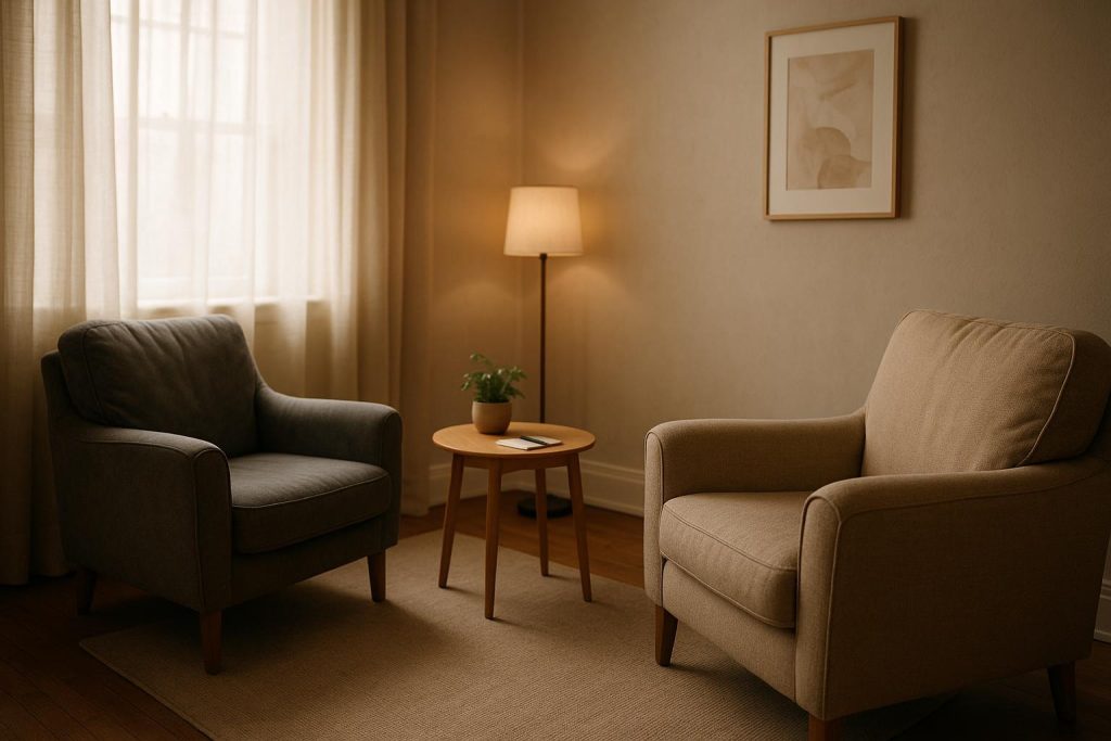 Cozy therapy setup with two chairs in a warm room for a typical counselling session.