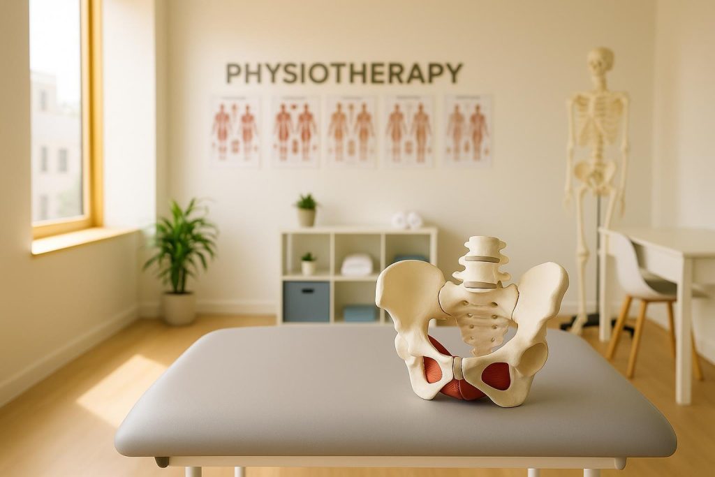 Pelvic floor physiotherapy setting with a discreet pelvic model in a bright clinic.