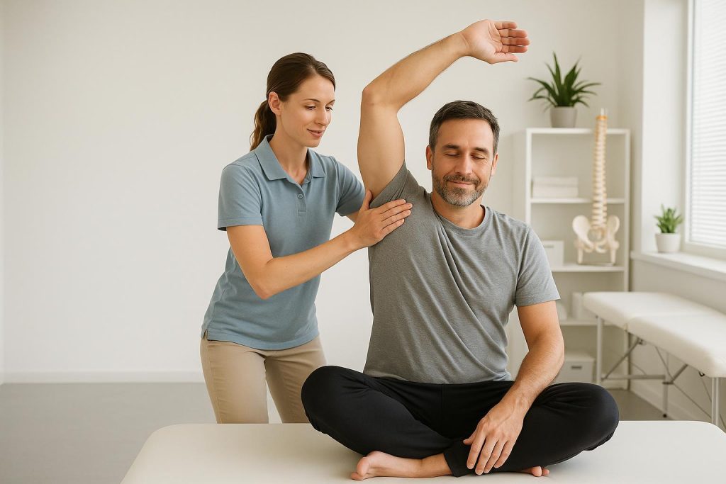 Physiotherapist helping a patient stretch, showing conditions treated with physiotherapy