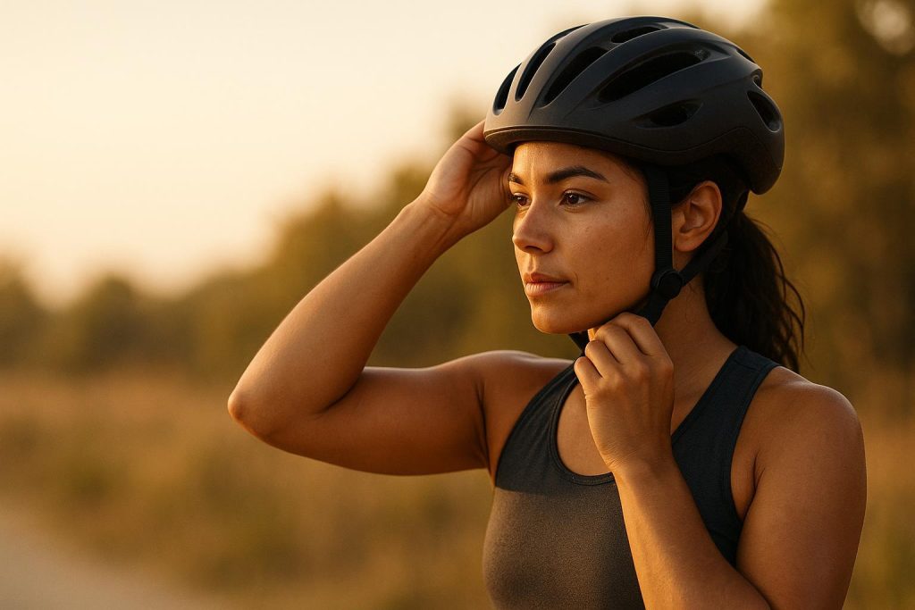 Athlete adjusting a helmet to help prevent concussions in a bright outdoor setting.