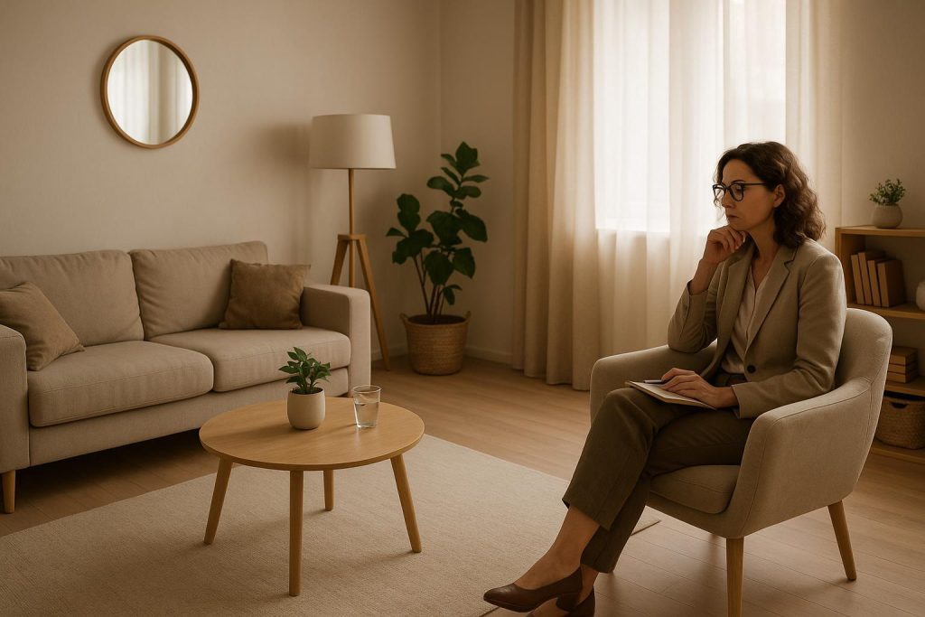 Therapist in a calm clinic setting offering Cognitive Processing (CPT) support.