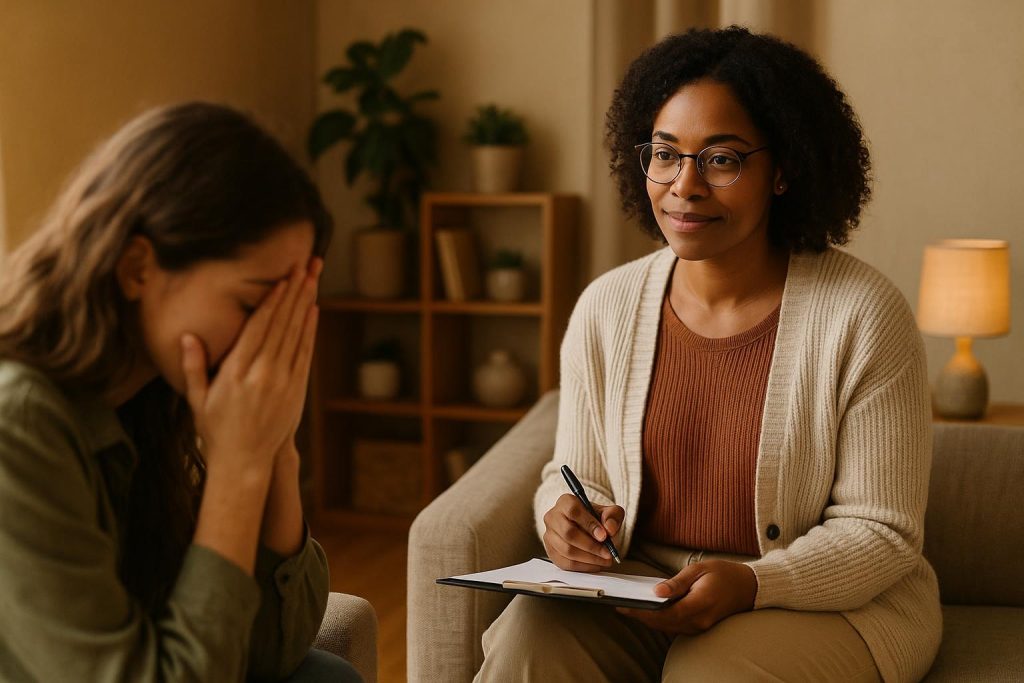 Therapist guiding client in a warm setting, illustrating supportive Acceptance and Commitment (ACT) care.