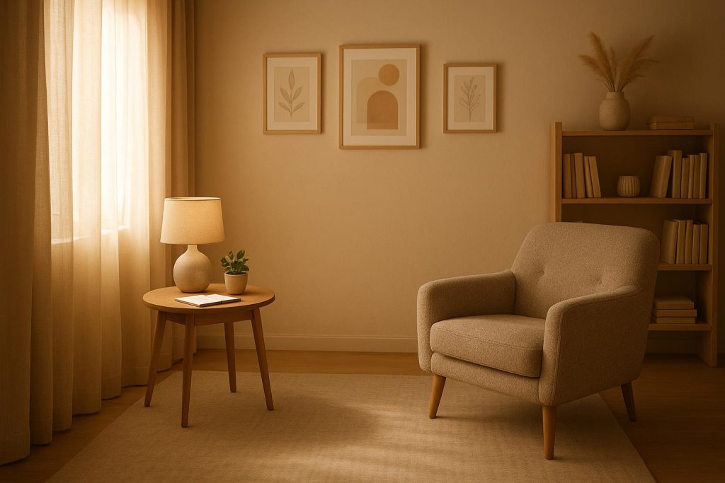 A person reflecting in a calming therapy space, emphasizing the importance of counselling.