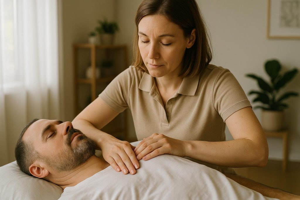 Therapist massaging a shoulder to help a rotator cuff injury.