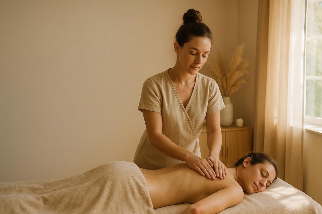 Massage therapist helping relieve back pain with gentle pressure in a soothing clinic setting.