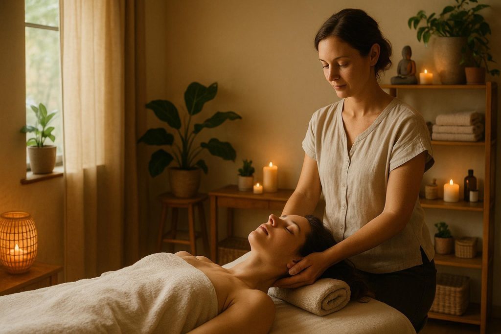 A calm therapy setting with a person receiving a gentle neck massage to relieve a kink in neck pain.