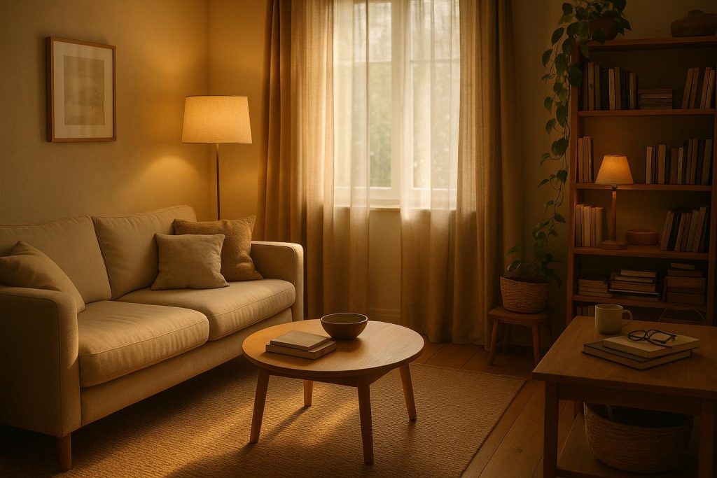 A living room with mild clutter on one side, illustrating hoarding in warm, supportive tones.