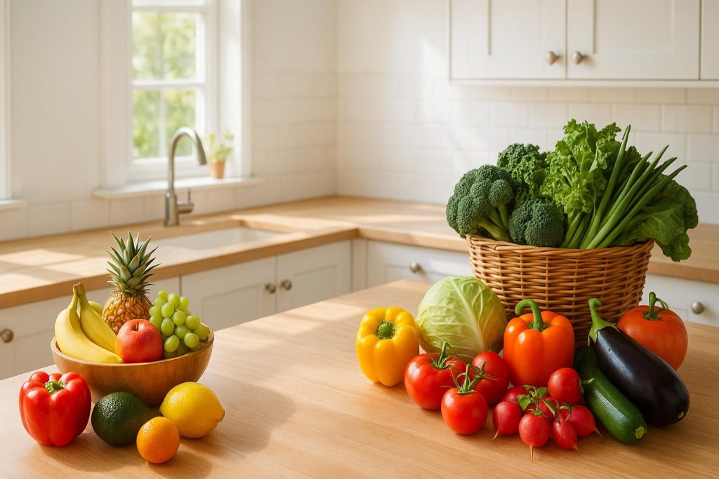 Fresh produce on a counter illustrating healthy diet options for ADHD.