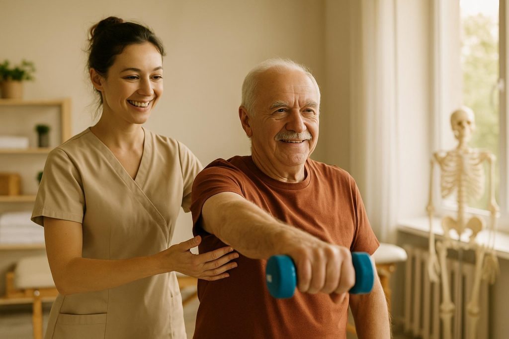 Older athlete works with a sports physiotherapist in Edmonton for reconditioning.