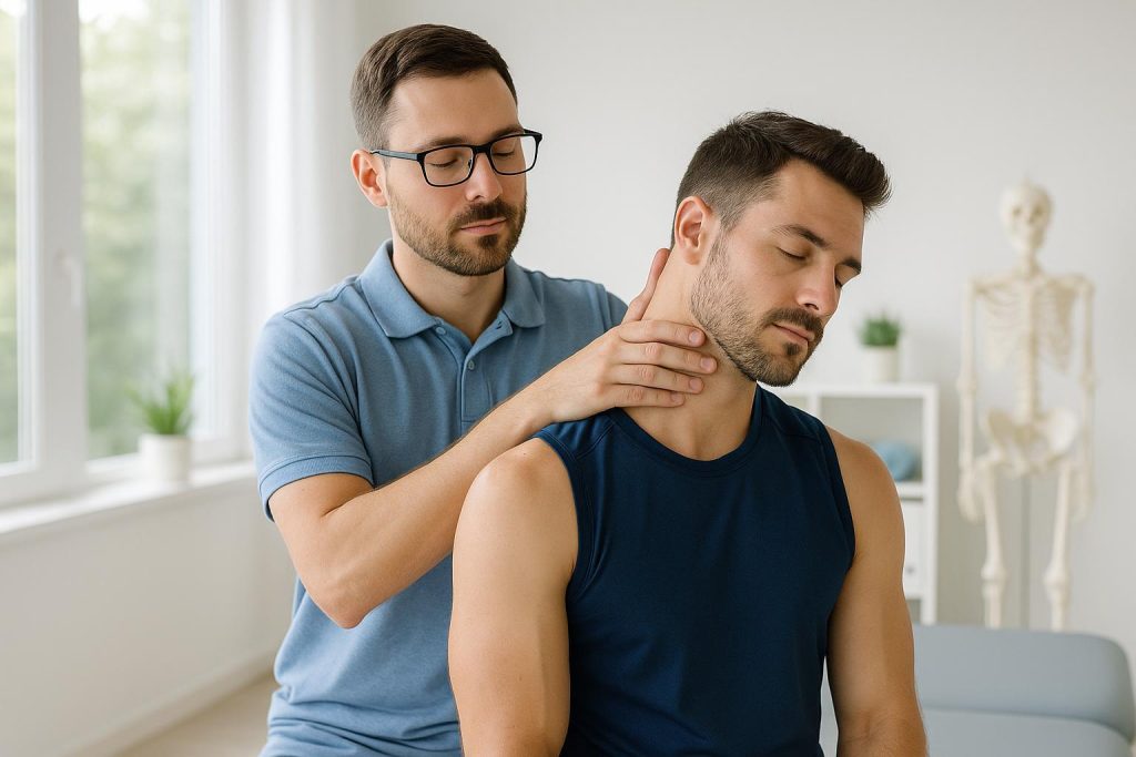Sports physiotherapist Edmonton adjusting an athlete’s neck for headache relief.